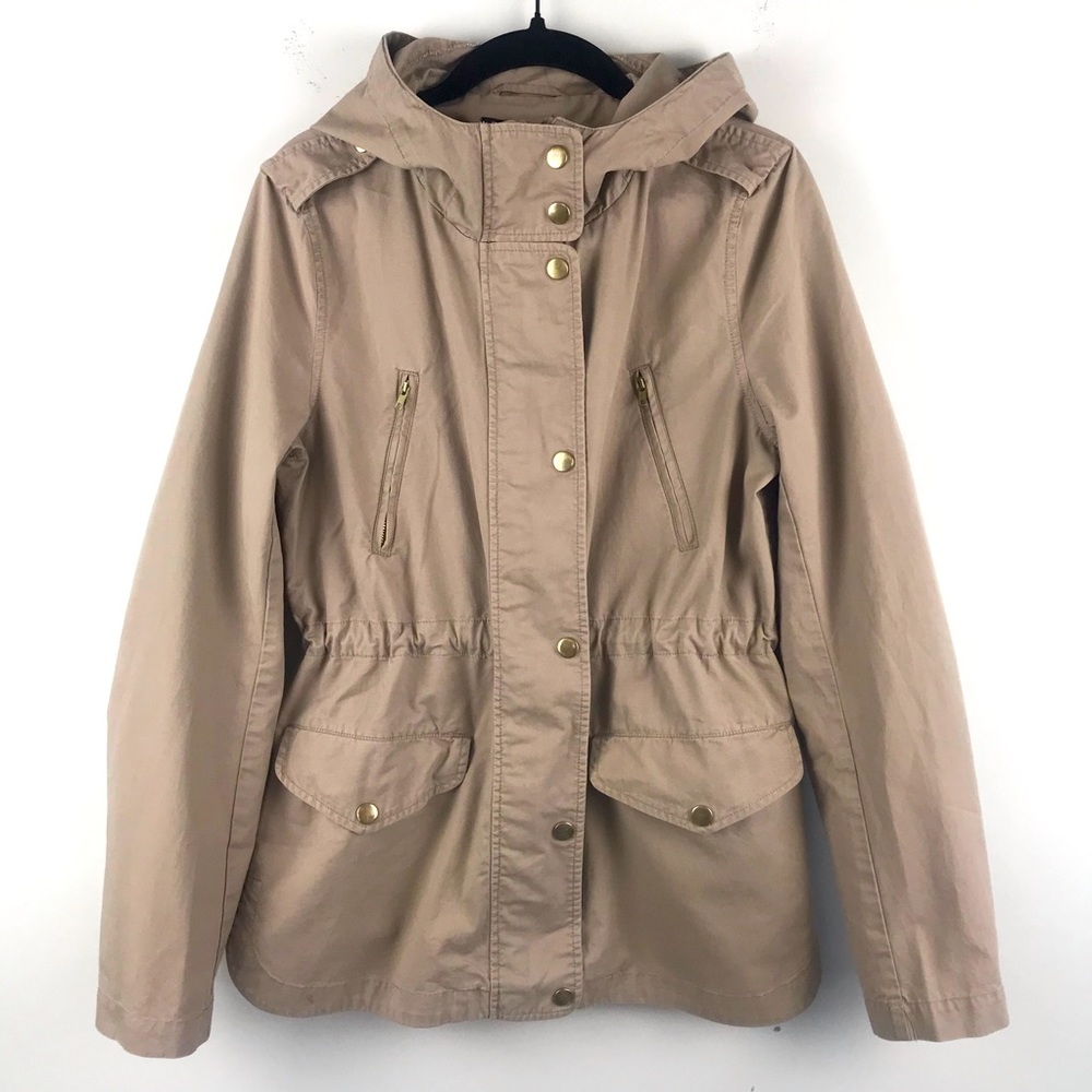 Love Tree || Lightweight Khaki Twill Zip & Snap Hooded Cargo Jacket Size…